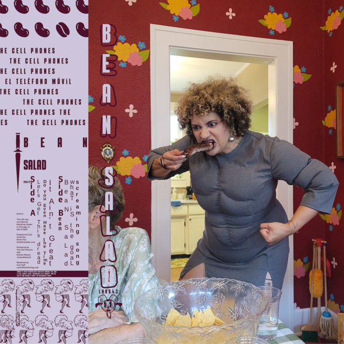 Bean Salad cassette cover featuring a person leaning over a dining table, with the album title and track list.