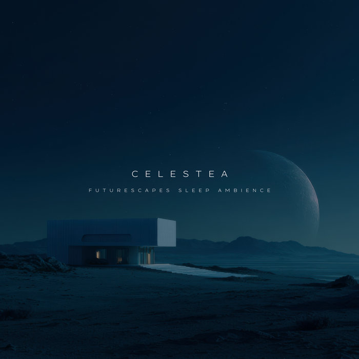 Futurescape Celestea cover artwork: A quiet modern house on a rocky surface, late night scenery with a huge moon in the background.