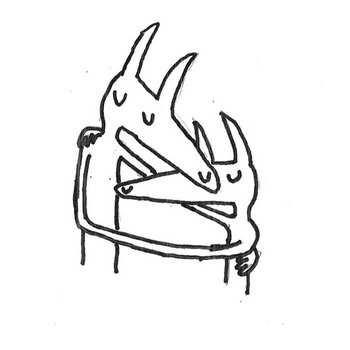 an album cover drawing of two dogs hugging, their arms fuse together and ones nose makes the others eye 