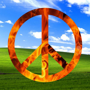 an album cover with a flaming peacesign next to the windows grass field 