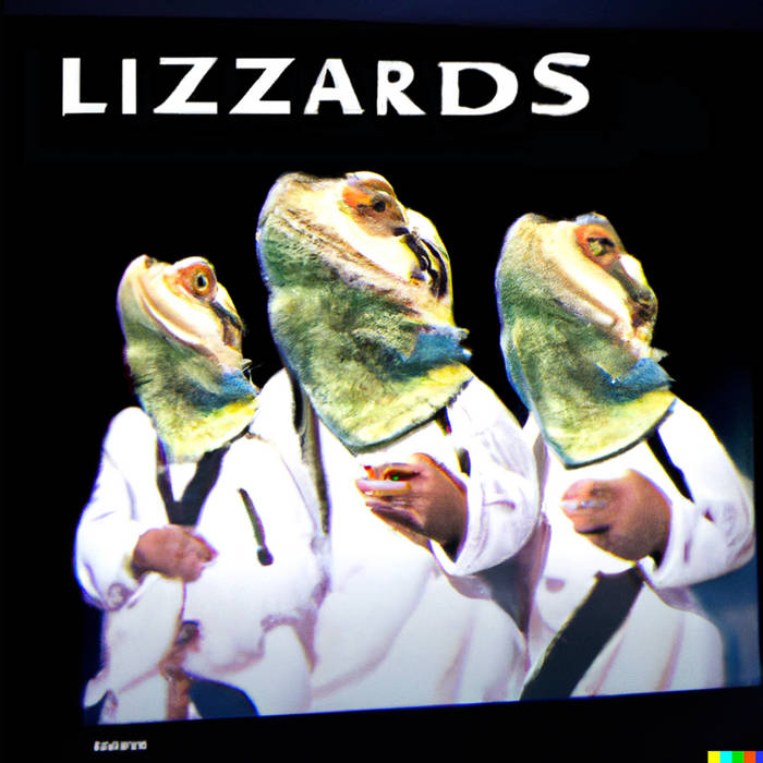 Lizzards - three lizard heads with a human body in white shirts and lizard hands smoking or holding something . . .