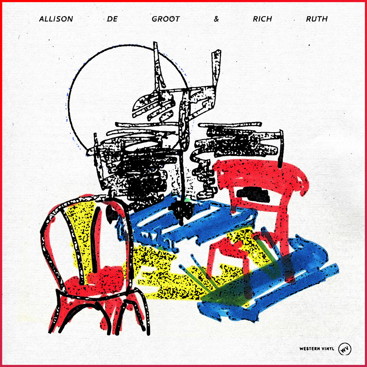 Rough marker drawing of red chairs, blue benches, and yellow patches speckled with black ink, beneath a scribbled black tangle and a thin circle, with both names spaced across the top