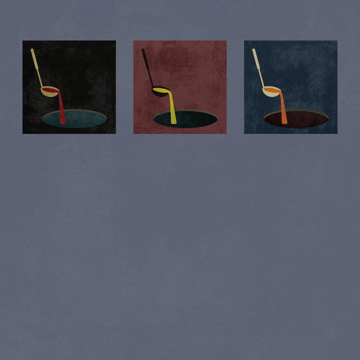 Three small squares on a grey-blue field, each a ladle tipping into a dark oval pool — red pouring into teal on black, yellow into green on maroon, orange into brown on navy.