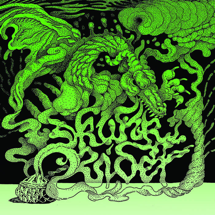 The cover image of Smoke Serpent by Skunk Rider. It is a green drawing of a smoke serpent or dragon coming out of an incense pot.