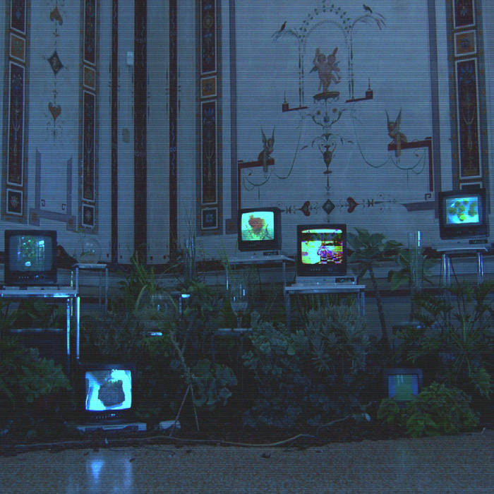 Pablo Bozzi Sleepless Nights cover artwork: A room in blue twilight. Ancient decorations on high walls, white, black. A lot of tables, industry style, different heights, in front, surrounded by flowers. Screens placed on some, displaying images of different colours, abstract but  much stronger than the rest of the scenery.